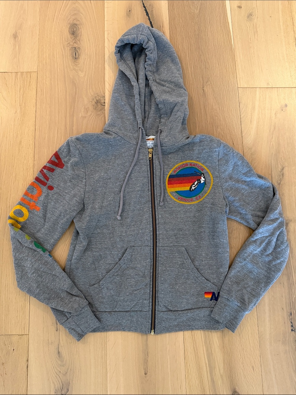 Aviator Nation Gray Hoodie with Yellow and Orange Logo Patch